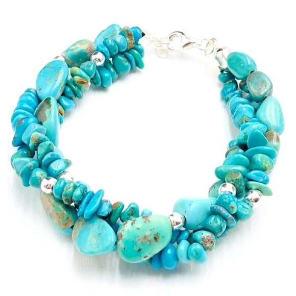 Blue Turquoise Multi Strand Sterling Silver 925 Bracelet Signed FAS - Picture 2 of 5